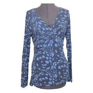 Boden | Blue Graphic Floral Tie Wrap Long Sleeve V-Neck Knit Top, Size UK 10
